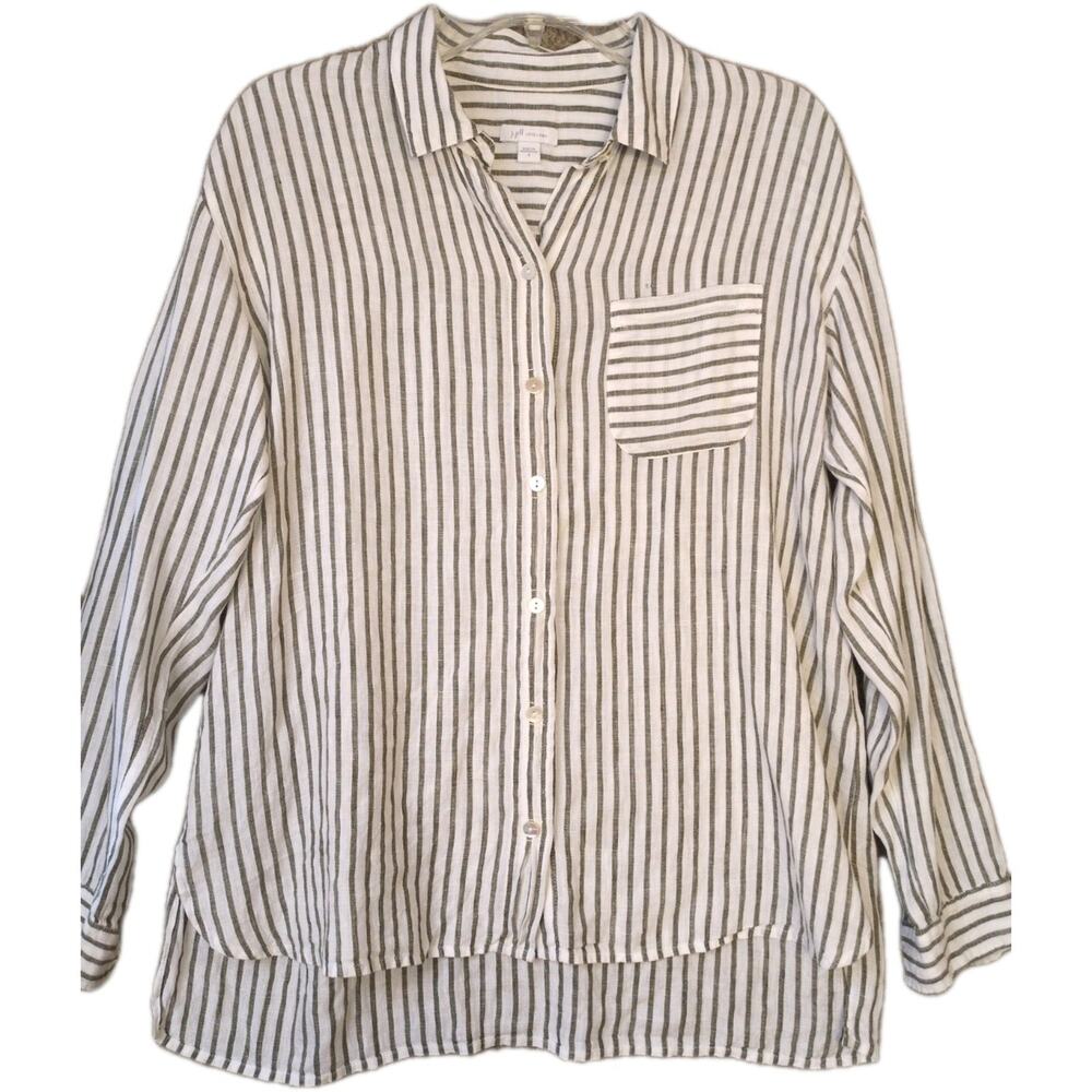 J Jill Linen Shirt Women’s Small Button Up Striped Coastal Classic Linen Olive